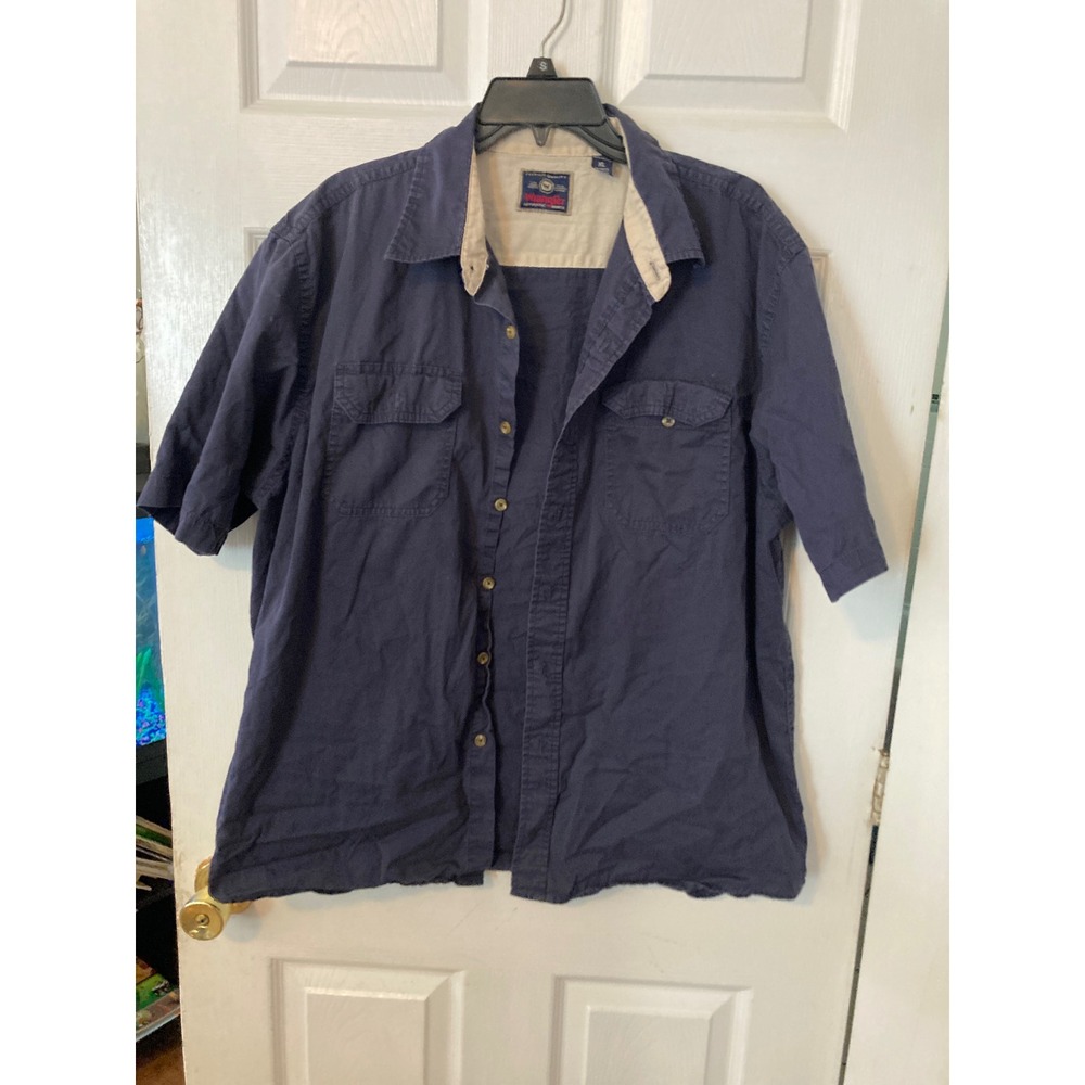 Wrangler Mens XL Navy Blue Short Sleeve Button Down Shirt 100% Cotton Workwear